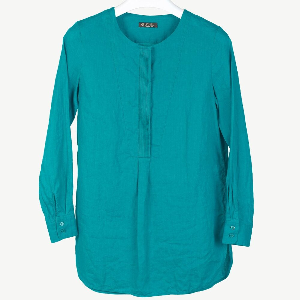 Loro Piana Teal Linen Pintuck Bib Blouse